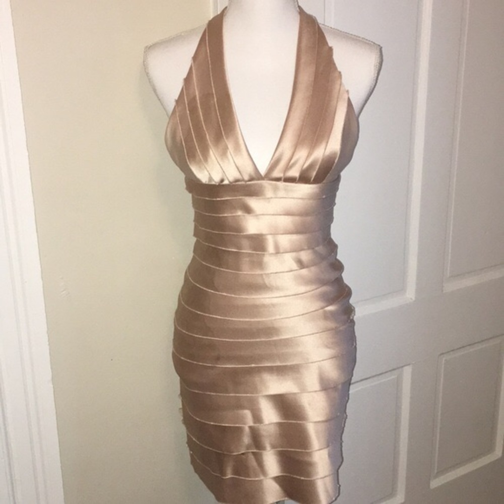 BCBG Maxazria Tiered Satin Halter Dress